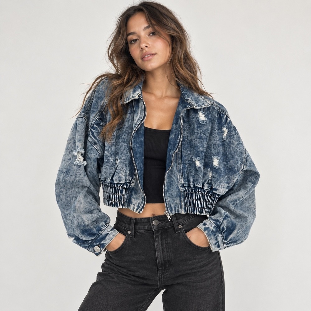 Thrill Acid Wash Denim Jacket Women S Cropped Distressed Elastic Hem Retro Edgy
